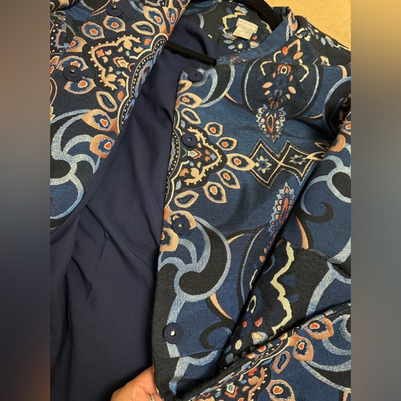 CHICOS 4 (US 20/22)jacquard embroidered topper jacket blue metallic lined boho - Picture 10 of 15